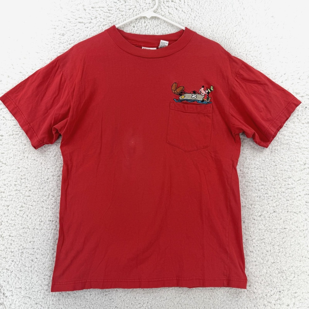 Vintage 90s Mickey Inc Shirt Mens S/M Red Goofy Surf Disney Pocket Tee T-Shirt